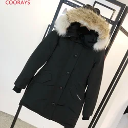 Abrigo largo 05 para mujer, chaqueta de plumón canadiense, Parka de expedición 95%, abrigo de nieve de ganso blanco, abrigo de marca auténtica de piel de Coyote