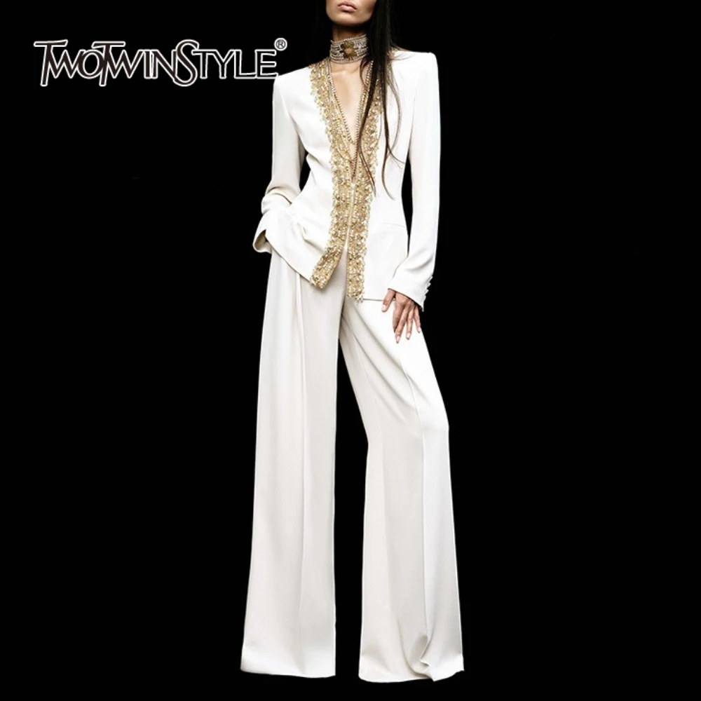 

TWOTWINSTYLE однотонные элегантные комплекты из двух предметов для женщин с v-образным вырезом и длинными рукавами, топ с бисером, высокая талия, широкие брюки, женский комплект