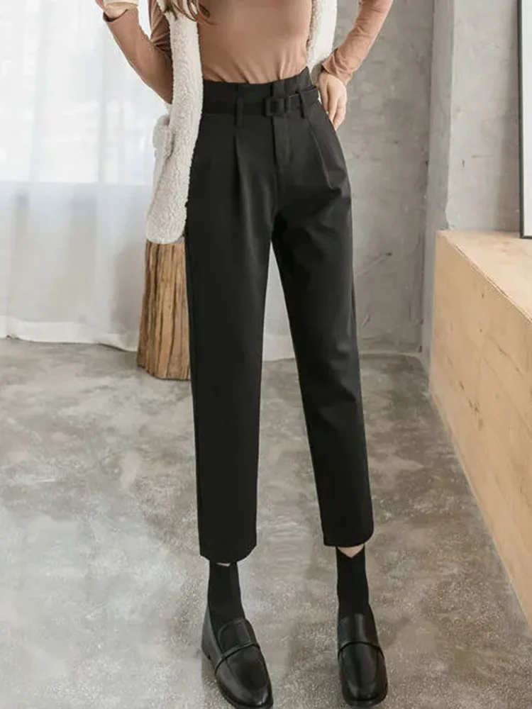 Korean Design Super High Waist Harem Pants With Belt Winter Warm Woolen Thicken Velvet Lined Pantalones Ankle Length Calca New