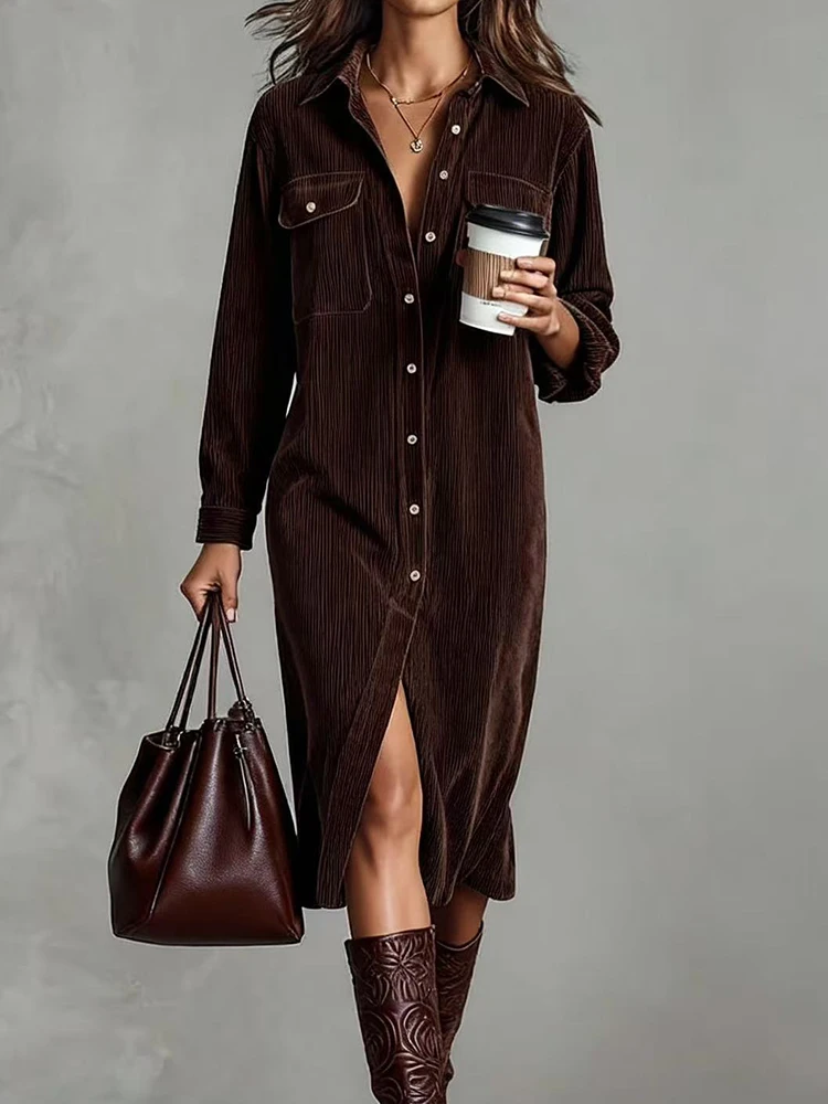 Langärmliges Patchwork-Chic-Maxikleid, Frühlings-Herbst-Damen-Umlegekragen, einfaches Partykleid, neues lässiges Damenkleid für den Urlaub