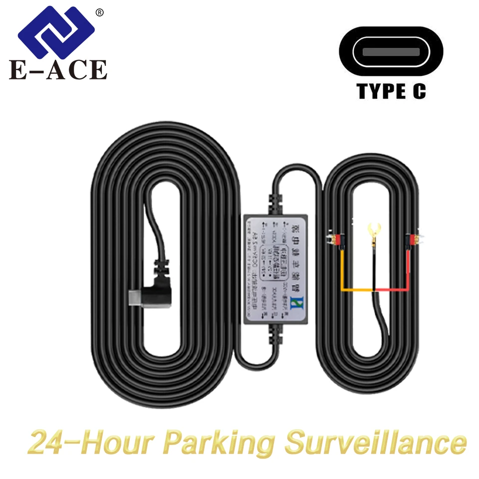 Kit de câblage pour caméra embarquée E-ACE 3.5M Type-C 12V-24V vers 5V/2.5A, chargeur DVR pour rétroviseur avec fusible et protection contre les basses tensions, installation facile