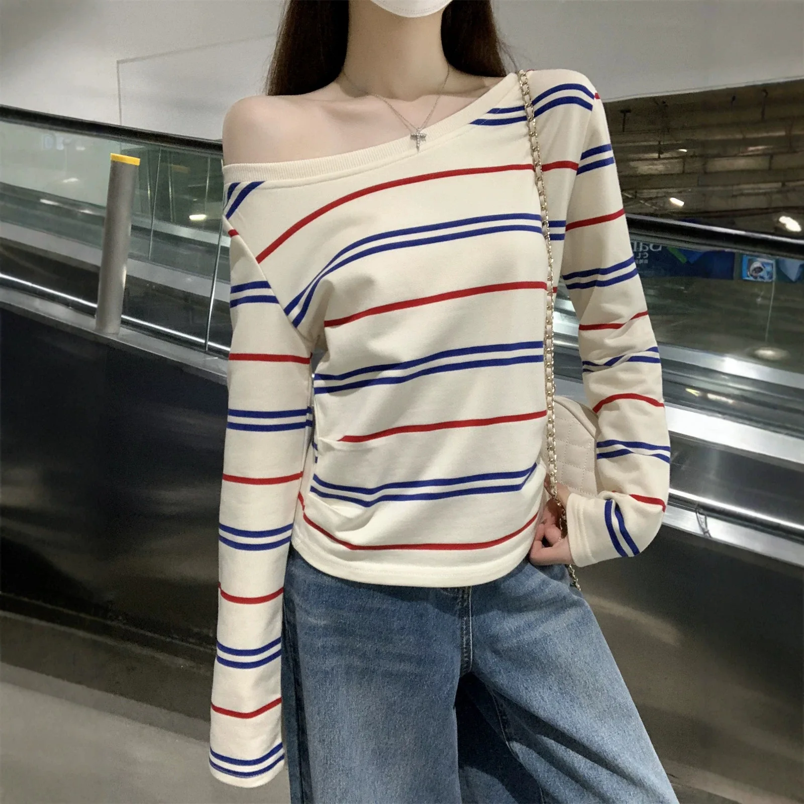 Vintage Striped Long Sleeve T-shirts Shoulder Off Kpop Tops Slim Y2K Sexy Tees Fall Winter Sexy Cheap Clothes Woman Tshirts