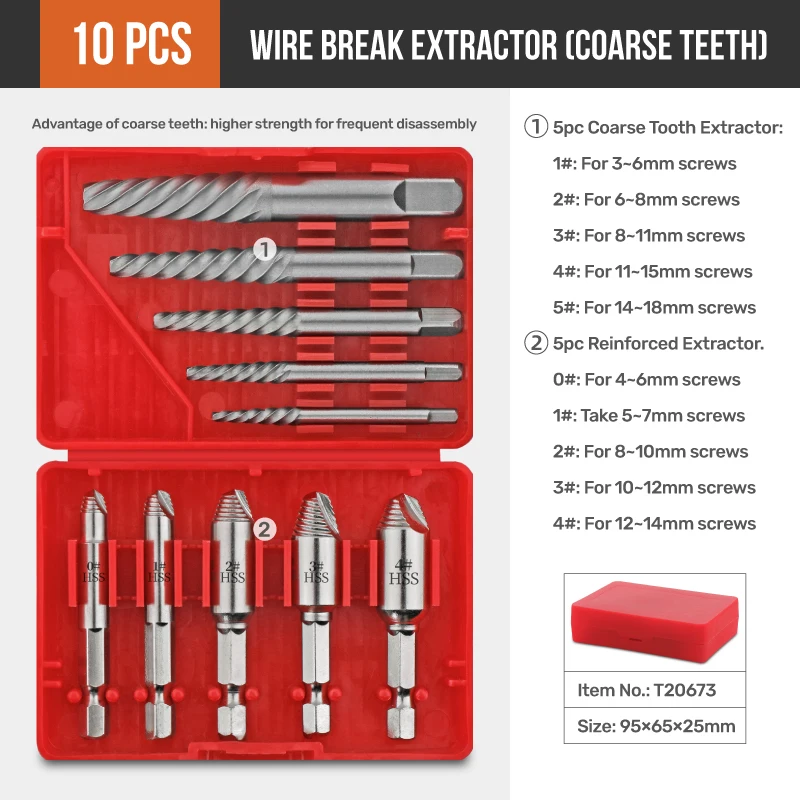 10PCS Wire Break Extractor Remover Twist Drill Bit Set Guillotine Conventional TipSteel HSS Drill Wood Tool Set Red Plastic Box