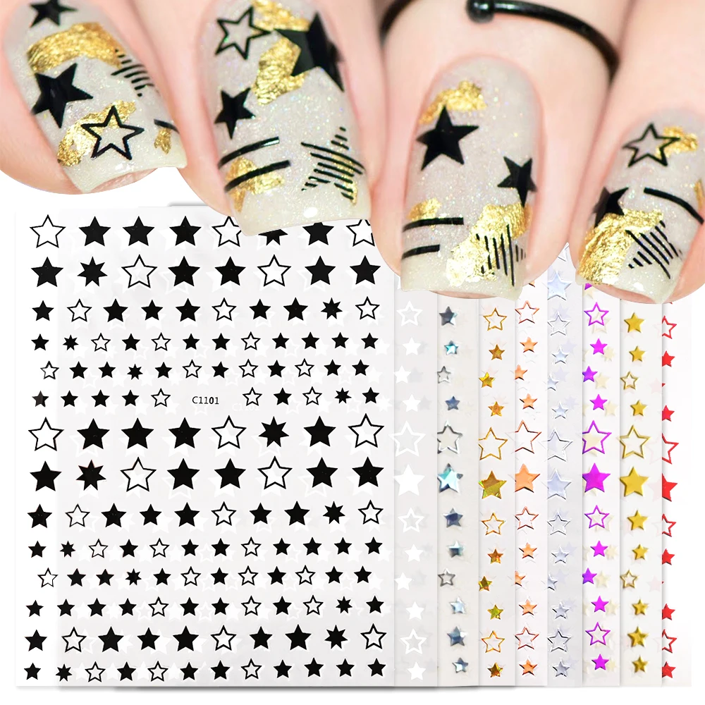 16/12/10/8/6/5/4Pcs Black White Star 3D Nail Art Sticker Self-Adhesive Laser Star Nail Decals 1*Set Star Design Mnaicure Slider