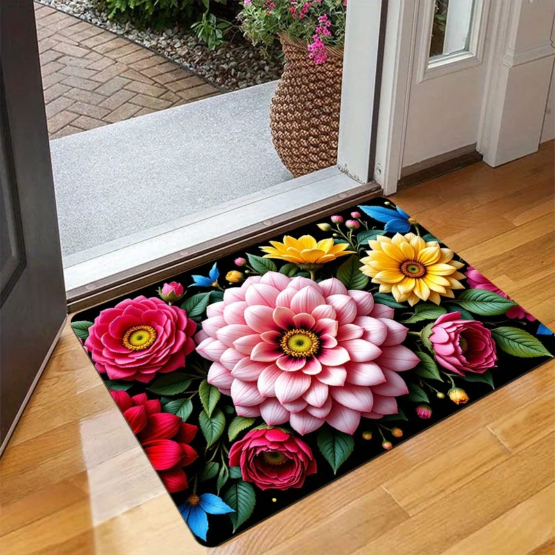 Modern Green Daisy Doormat Orange Center Flower Print Non Slip Entry Rug For Entryway Hallway And Fresh Home Decor