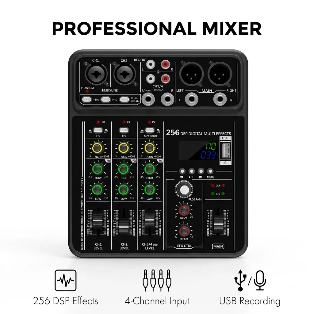 Professional 4-Channel Audio Mixer with 256 DSP Multi Effects, 48V Phantom, EQ, USB MP3 for Recording Studio Live Streaming