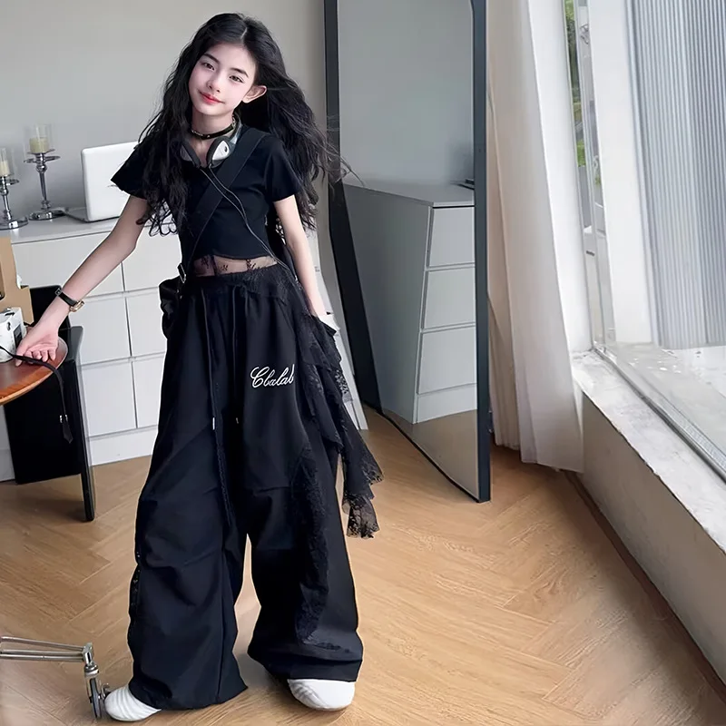 

Child Summer Clothing Lace patchwork T-shirt+work pants 2pcs kids outfits suit 4-14 girls Hip Hop Jazz Street Dance clothes Set