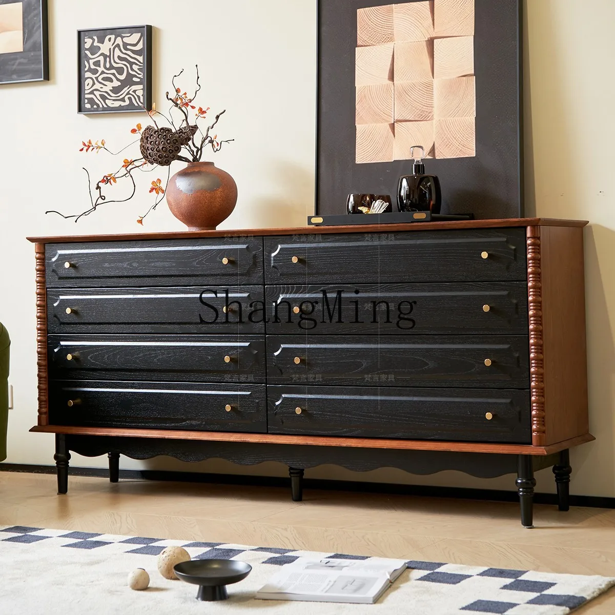 FG medieval solid wood eight-bucket cabinet, bedroom storage, bedside storage porch, bedroom wall locker