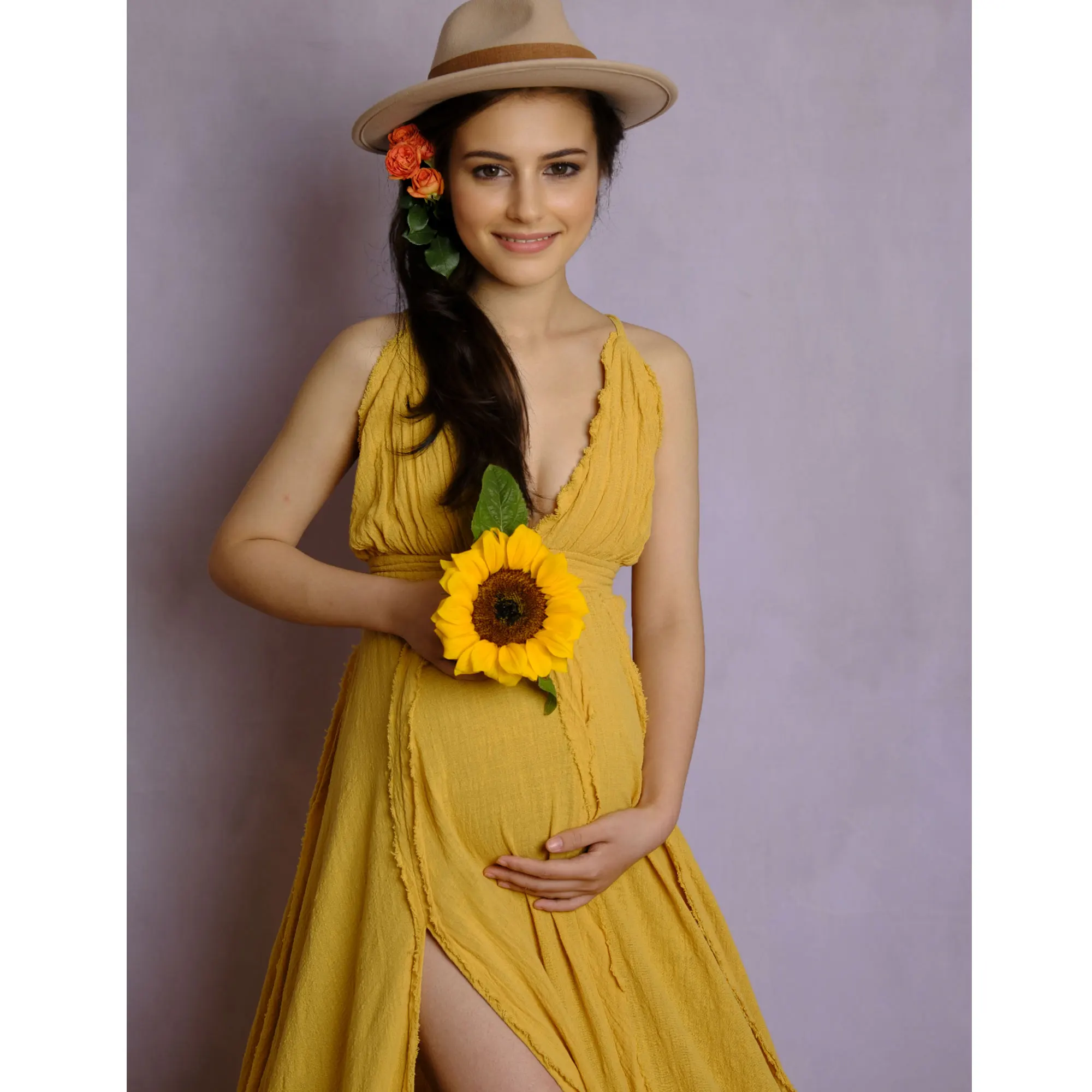 Don&Judy Bohemian Maternity Evening Gown with Fringe Trim Round Train Deep V Neck Sleeveless Maxi Dress for Baby Shower Photo