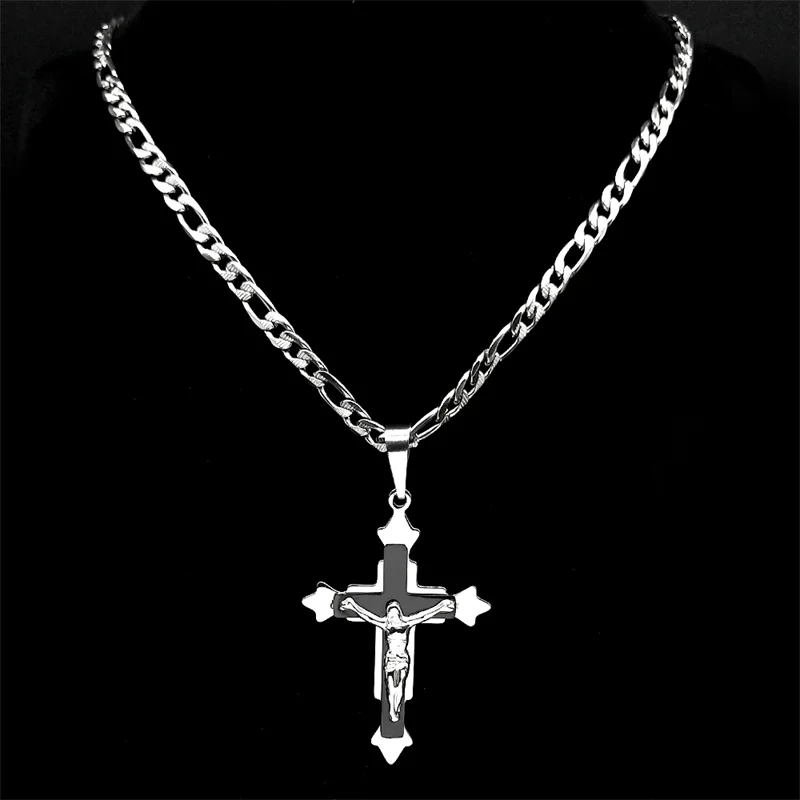 

Jesus Cross Crucifix Pendant Necklace for Women Men Stainless Steel Silver Balck Color Punk Chain Catholic Amulet Jewelry Gift