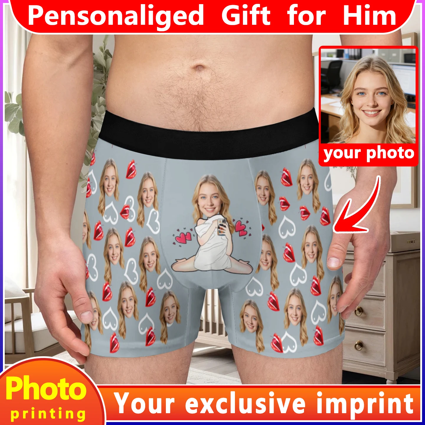 Personalized Face Photo Underwear Custom Heart Boxer Briefs Men Briefs Gift For Husband Anniversary Gift for Dad