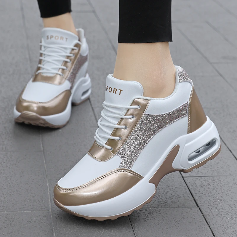 Women's Height Increasing Shoes 7cm Lace Up Platform Walking Shoes Comforthable Ladies Casual Sports Shoes Wedge Heel Sneakers