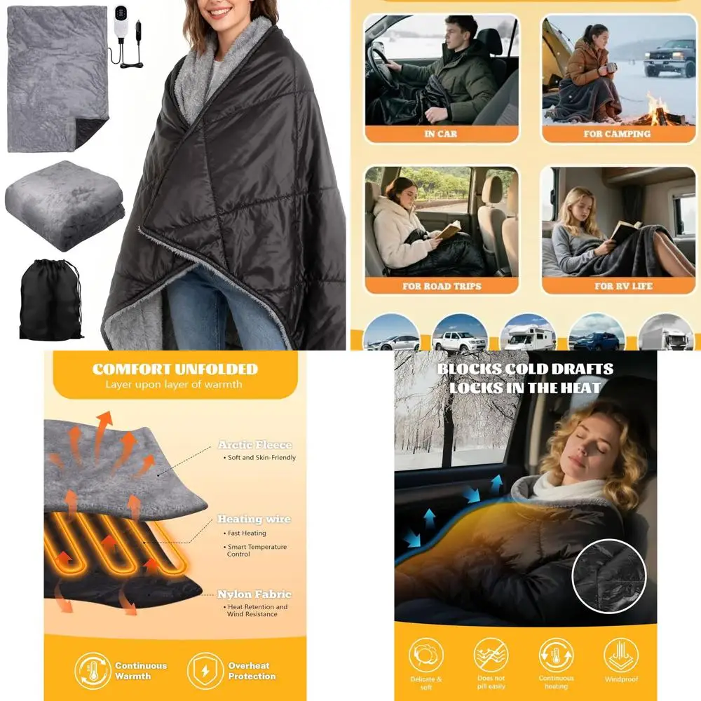 

Двустороннее автомобильное одеяло с подогревом 2 в 1, одеяло с подогревом 57 x 40 дюймов, 12 В, электрическое одеяло с контролем температуры, автоматическое выключение, портативное дорожное одеяло для