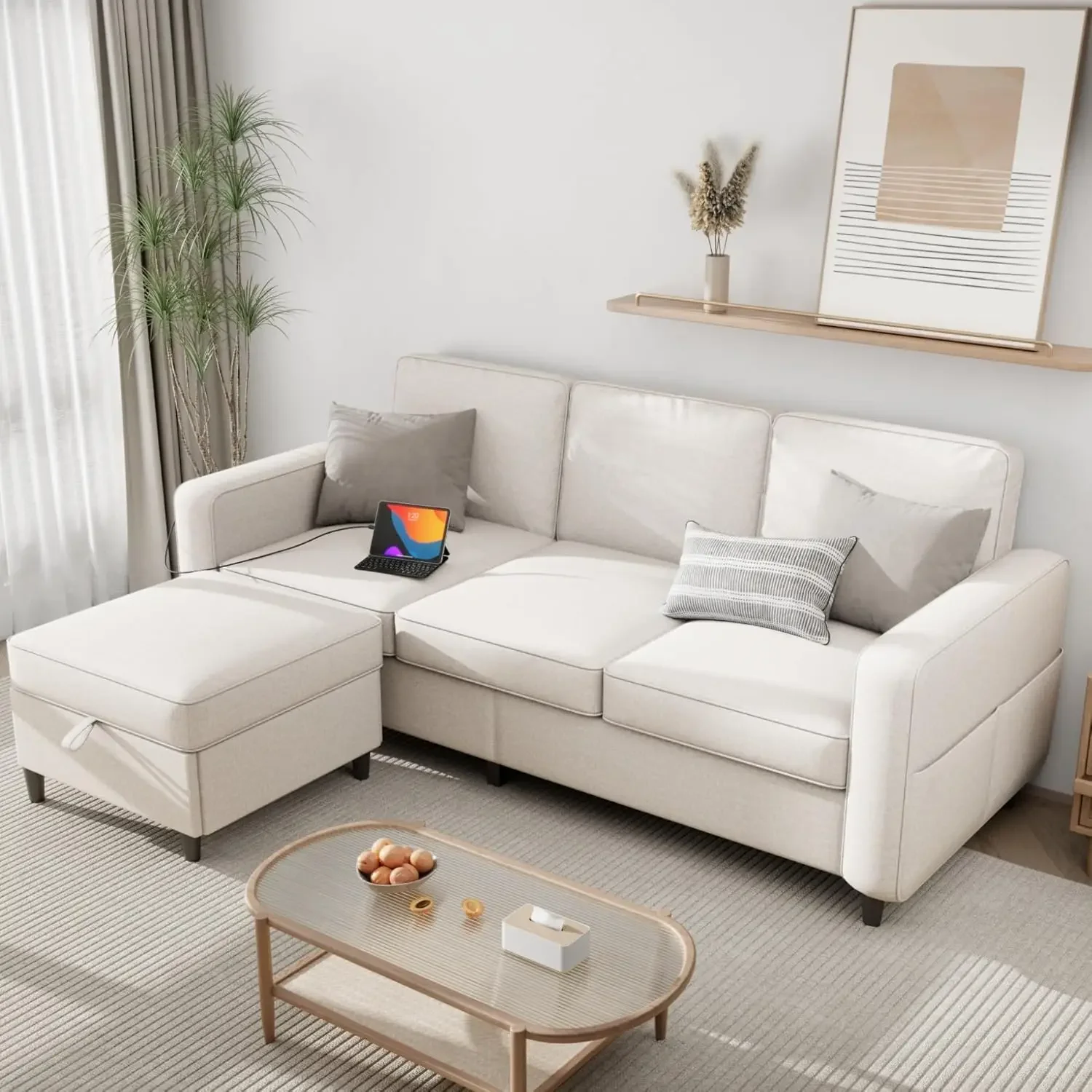 Sectional Sofa L Shaped Cloud Couch-Small Modular 3 Seat-with Storage Chaise-UBS-Washable Covers-Suitable