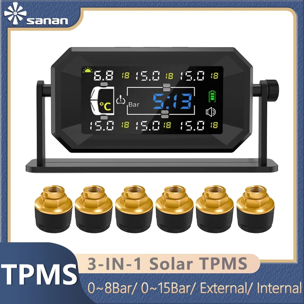 SANAN Автомобиль RV Грузовик Интеллектуальная TPMS Солнечная система контроля давления в шинах 8 бар 15 бар Часы температуры Воздушная сигнализация 6 Датчик колес