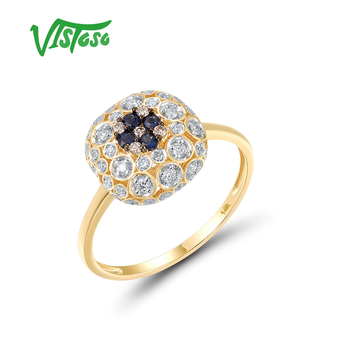 VISTOSO For Women Authentic 14K 585 Yellow Gold Ring Sparkling Blue Sapphire Diamond Round Luxury Dazzling Wedding Fine Jewelry