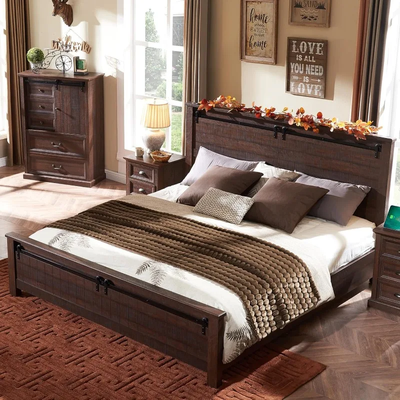 

Farmhouse King Size Bed Frame with 47" Headboard, Wood Bed Frame with Groove Sliding Barn Door Footboard, Platform Bed with Wood