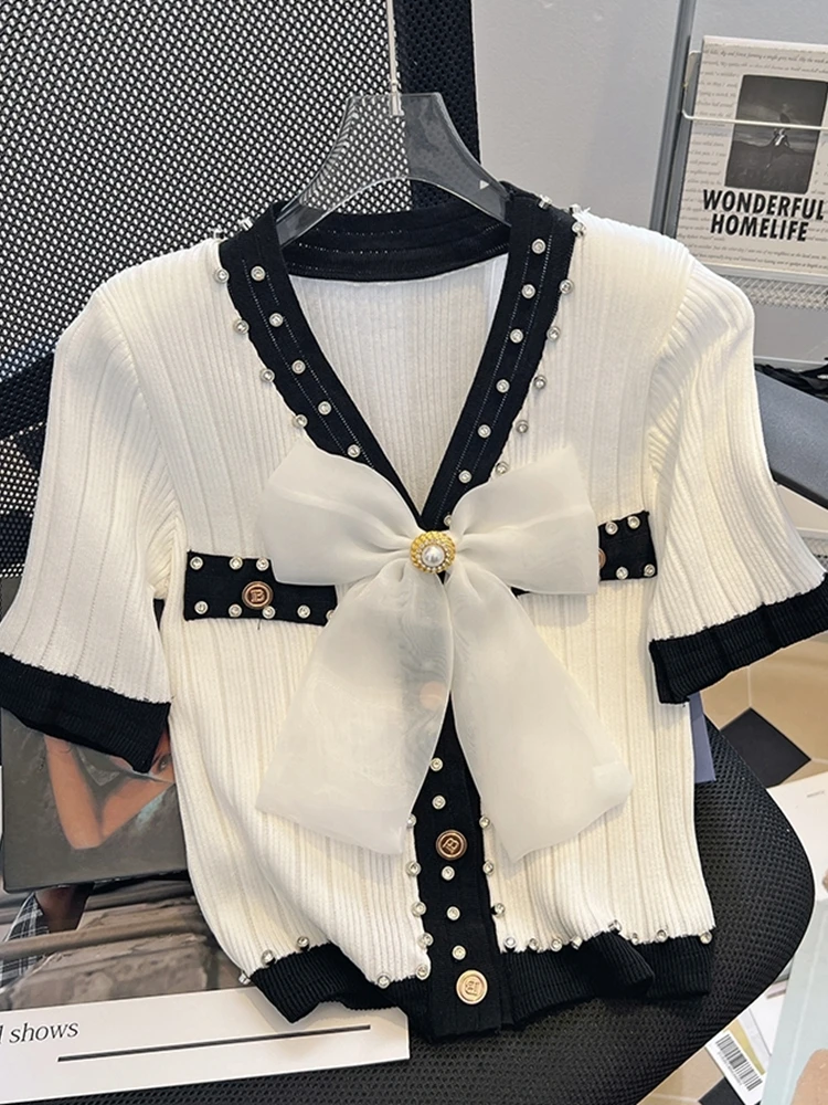 2023 New Summer Fashion Women Bow V Neck Single-Breasted Knitted Short Sweater Patchwork Color NailDiamond Cardigan Tops Female