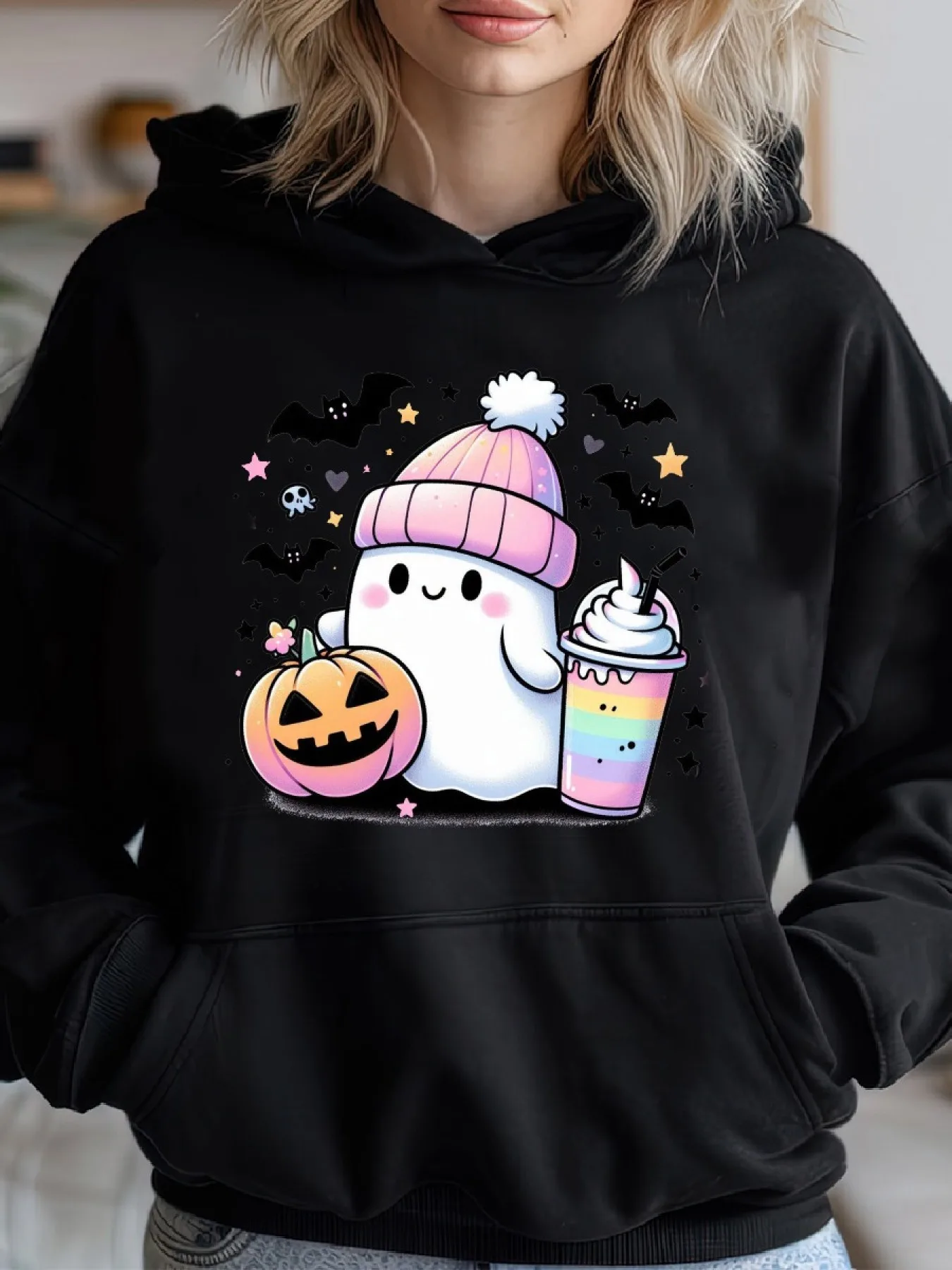 Women's Hooded Sweatshirt with Halloween Pattern Printed Casual Sportswear and Drawstring Long Sleeved Autumn Winter Clothing
