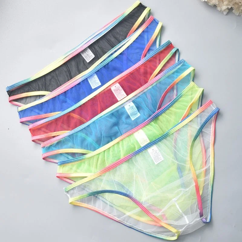 Men Sexy Ultra-Thin Rainbow Edge Mesh See Through Briefs Low Waist Transparent Pouch Panties FKK Party Club Private BF