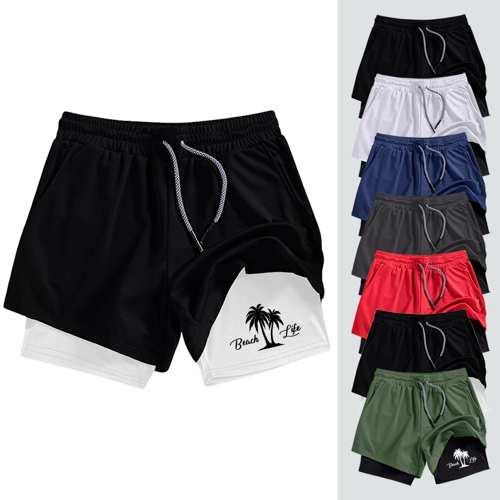 

Men's Double Layer Beach Shorts with Liner Breathable Coconut Tree Print Summer Board Shorts Lightweight Quick Dry Casual Pants