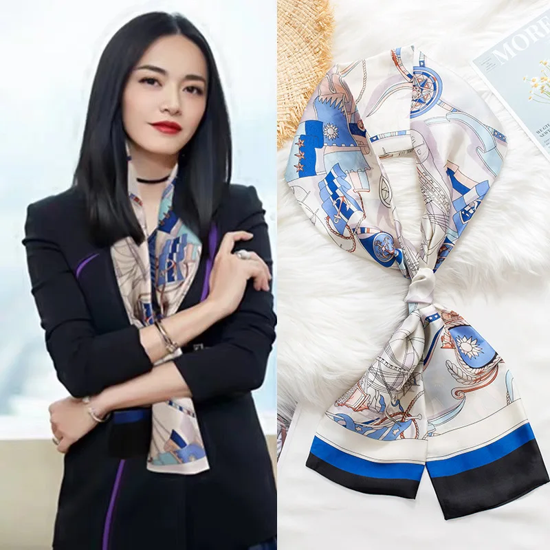 1 pcs 150x14cm Korean Style Silk Scarf Spring Autumn Small Narrow Long Hair Tie Square Scarf Suit Shirt