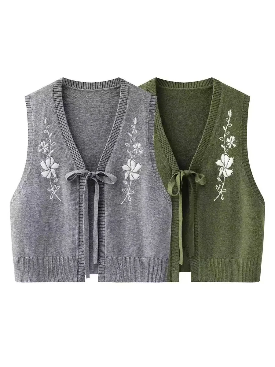 Floral Embroidery V-Neck Knitted Vest Women's Outerwear Belted Design Sleeveless Tank Top Spring Autumn Style Polyester Fiber
