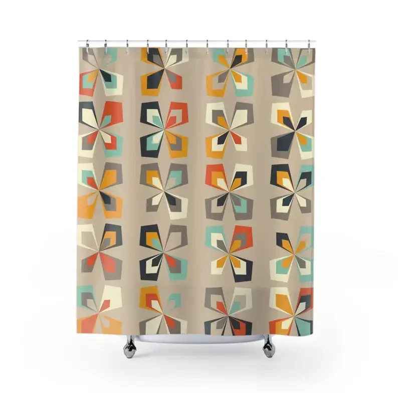 Retro 60s-70s Mid Century Modern Shower Curtain - Abstract Vintage Floral, Brown Orange & Teal, MCM Bathroom Decor