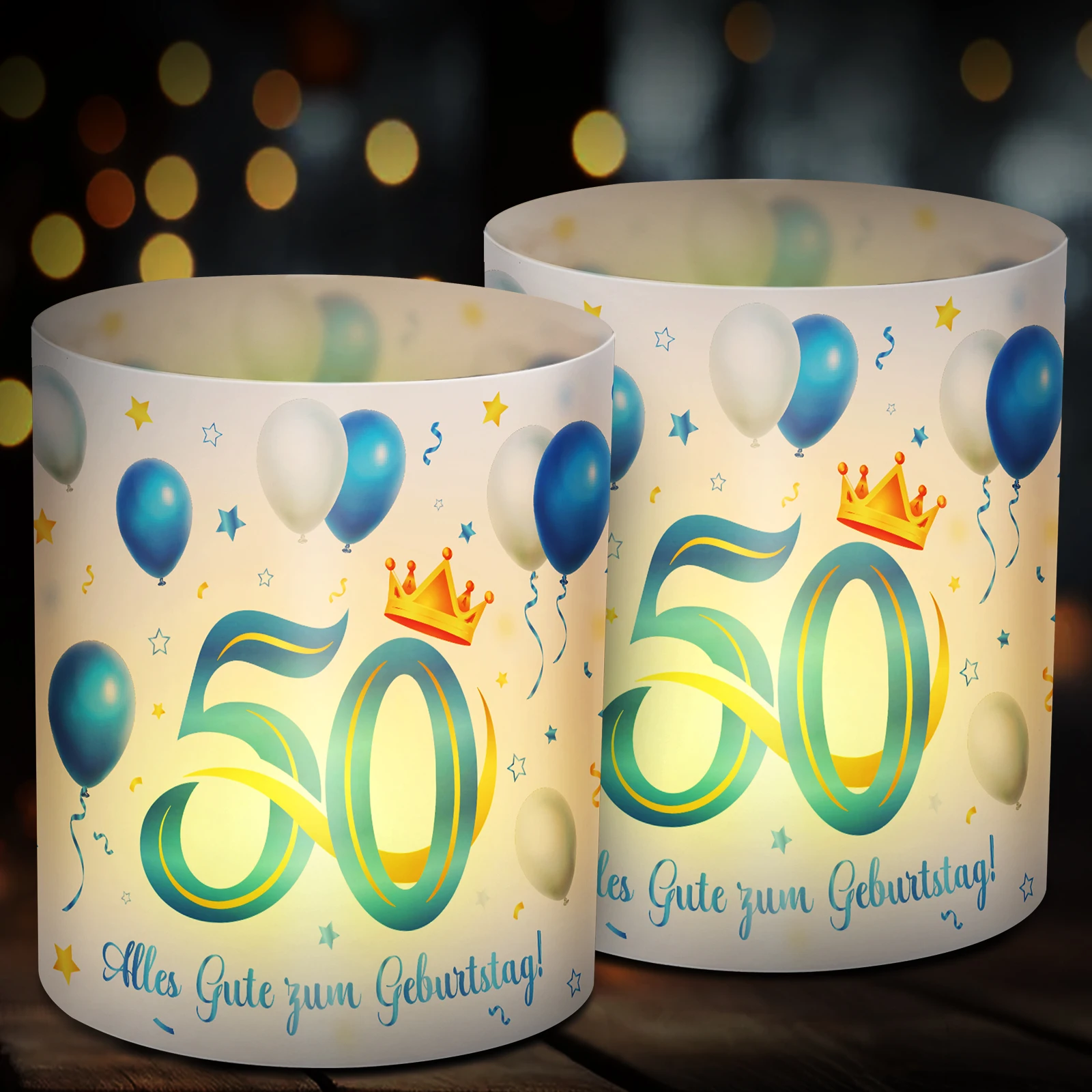 

12pcs 50 Year Old Blue Gold Birthday Lampshade Candlestick Sleeve Alles Gute zum Geburttag German Blessing Party Decoration Deco