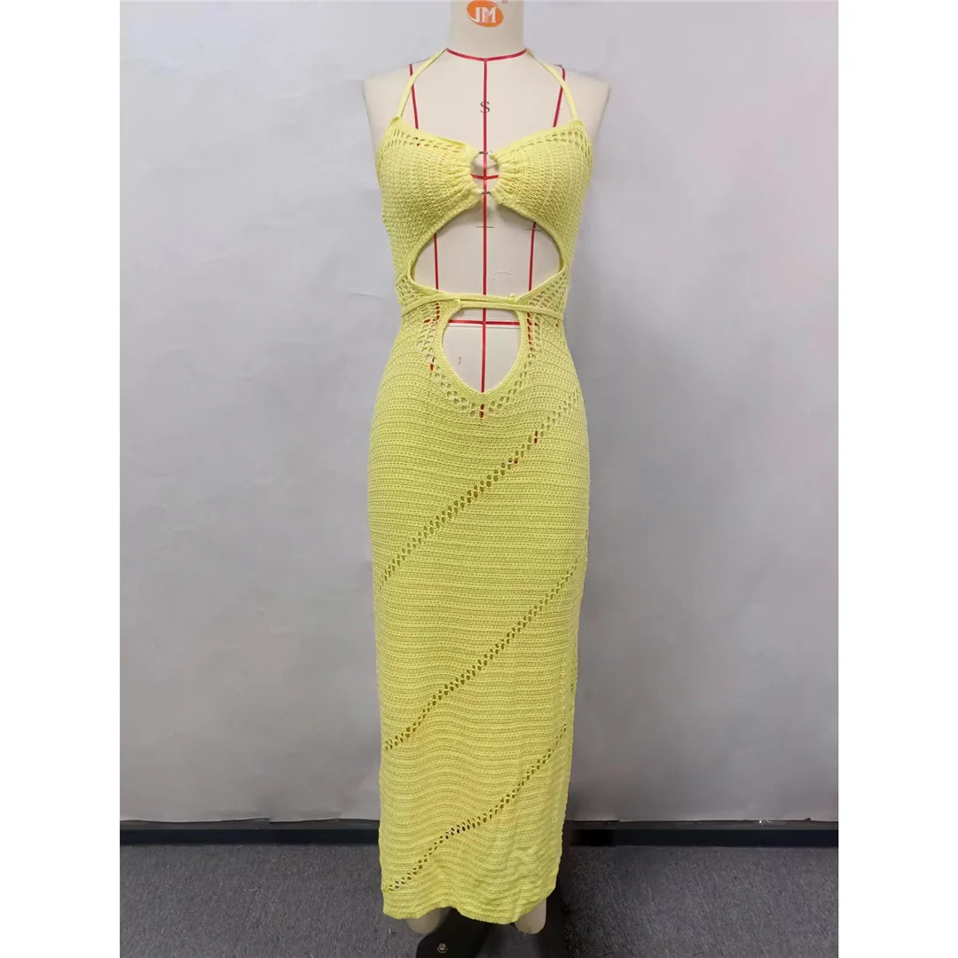 Neues, verführerisches, halterneckiges, bauchfreies, gehäkeltes Strick-Tunika-Strandkleid, Strandkleidung, Damenmode V5454 – Detail 11