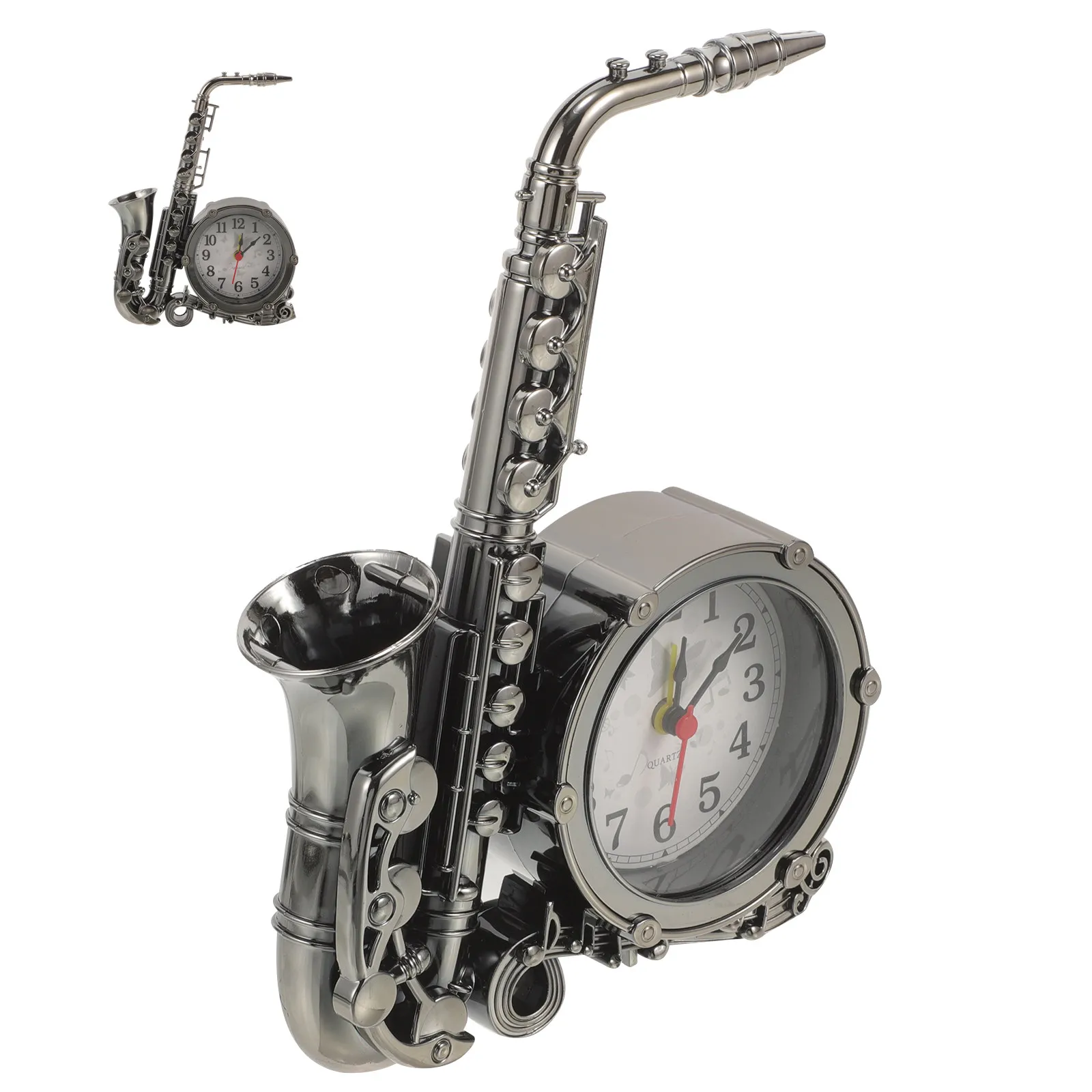 Retro Style Saxophone Shaped Table Clock Decorative Household Alarm Clock for Bedroom Living Room Cafe Office Vintage Silent