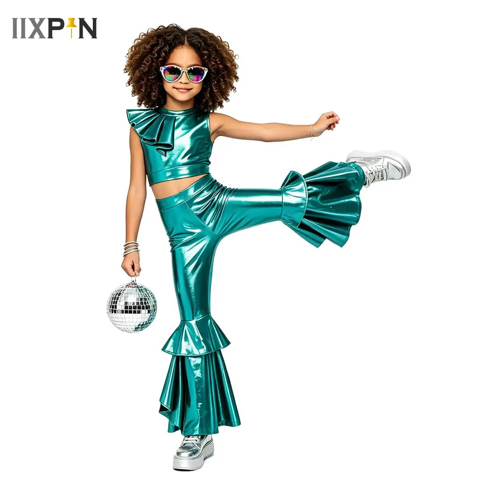 Kids Girls Jazz Dance Sets Acrobatics Gymnastics Latin Cha-cha Samba Performance Dancewear Sleeveless Shiny Crop Top+Flare Pants