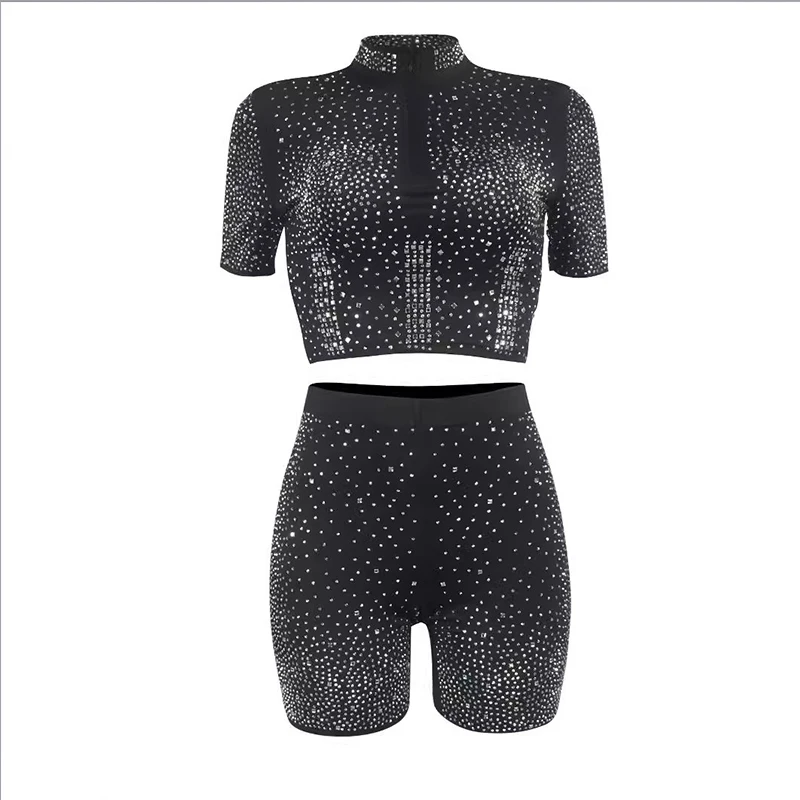 Women\'s Sexy V-neck rhinestone short sleeved shorts sports Two-piece set Ultimate Waist Hip ratio Clothing 2024 New Item