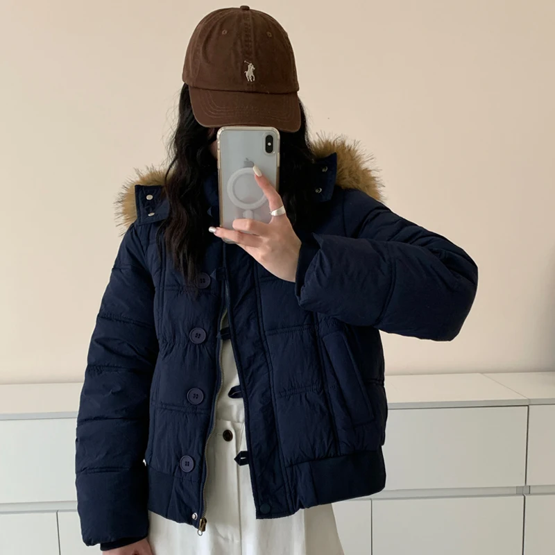 

Женские короткие парки, пальто с капюшоном, однотонные пальто с меховым воротником и длинными рукавами, свободные толстые повседневные теплые офисные женские туфли на осень-зиму