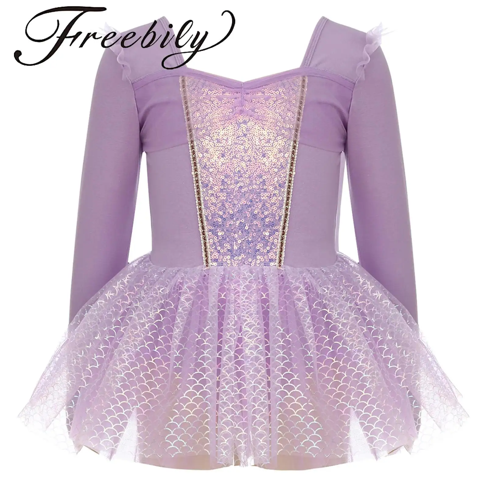 

Kids Girls Ruffle Ballet Dance Dresses Sheer Mesh Long Sleeve Shiny Sequins Patchwork Fish Scales Tulle Tutu Dress Dance Wear