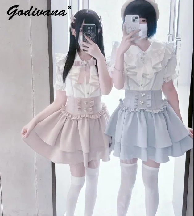 

New Summer Girls Lolita Love Rhinestone Short Sleeve Bow Ruffled Shirt Japanese Mine Blouses Short Skirt Women Skirt Set