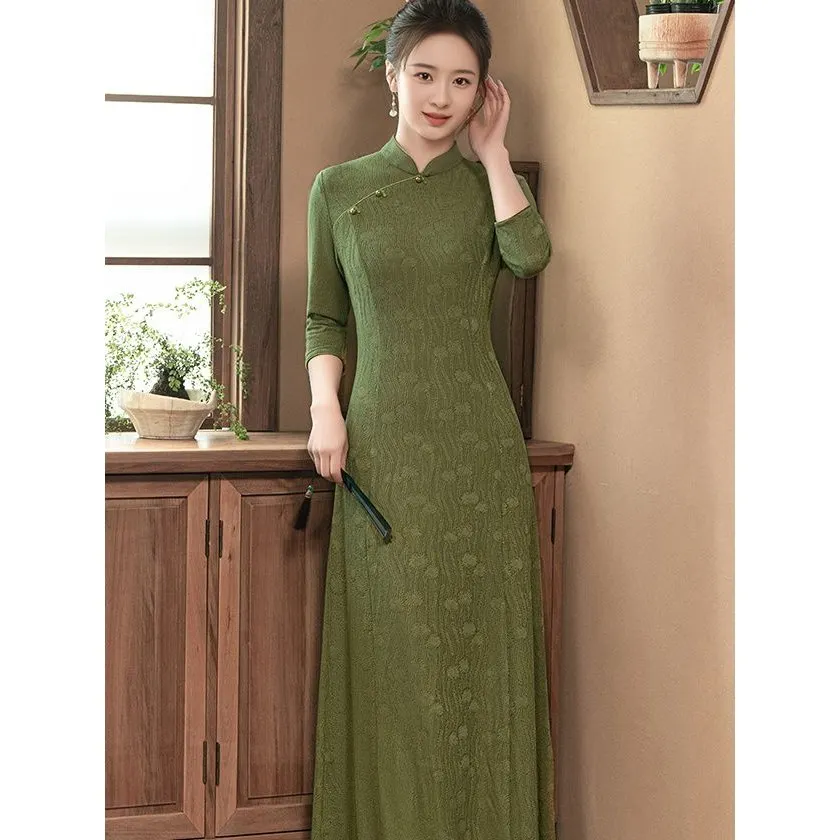 

Ele Lady High-End Elastic Tussah Silk A-Line Spring New Sle Bean een Retro Slimming Belly Covering Dr
