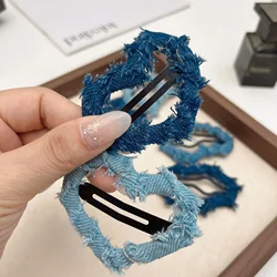 Denim Blue Fabric Hair Side Clip Sweet Cool Y2K Girls Hair Pin Korean Fashion Love Heart Star Shaped Forehead Broken Hair Clip