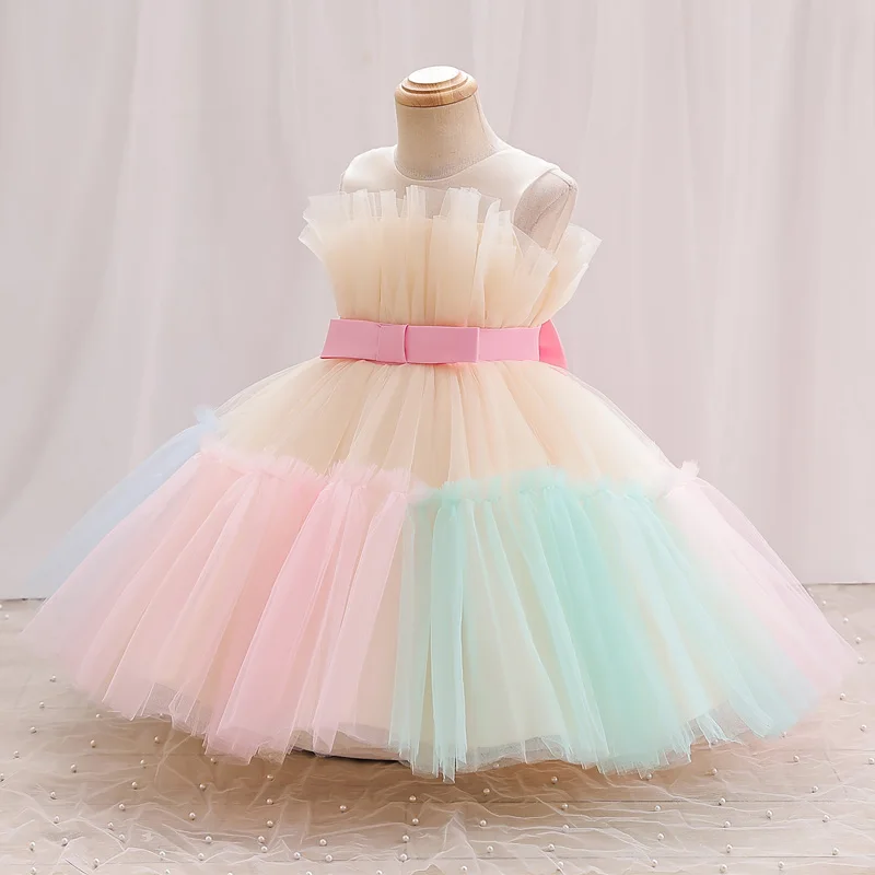 Children's dress dress dinner net sleeveless rainbow pommel dress short princess wind sweet #L166