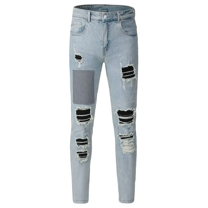 

Мужские плиссированные джинсы с нашивками, эластичные джинсы, уличная одежда, винтажные синие, серые узкие зауженные байкерские брюки, рваные потертые брюки