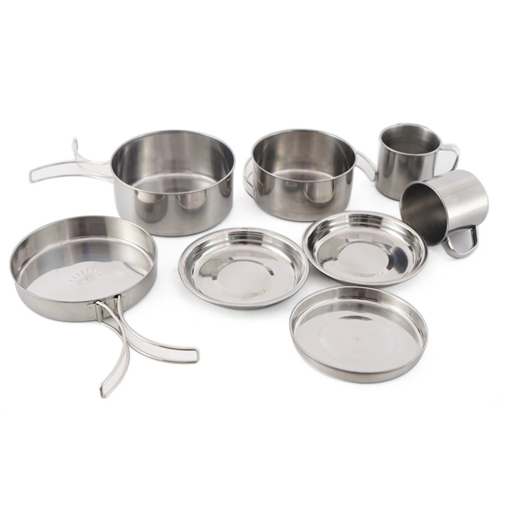 Camping Cookware Mess Kit 8PCS Stainless Steel Cooking Pot and Pan Set with Plates Cups for Outdoor Camping Hiking Backpacking