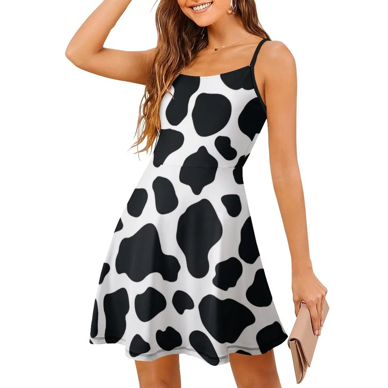 Cow Print Korean Style Casual Dress For Women Simple Daily Office Lady Dresses Cow Cow Spots Cow Pattern Black And Women's Dress