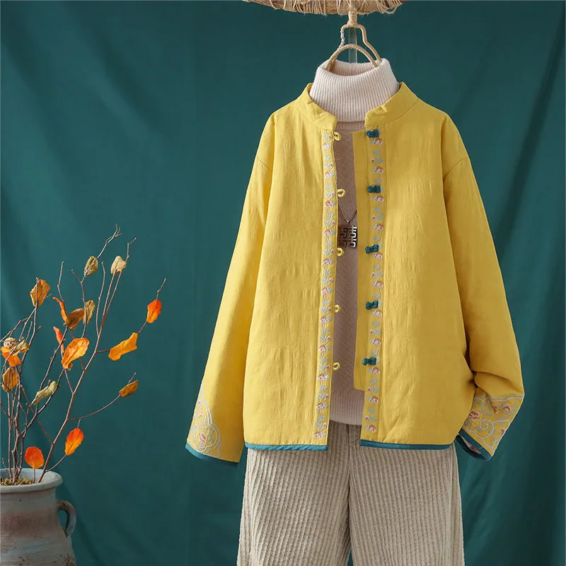 

Women's Loose Cotton Jacket with Embroidery And Cotton Filling Vintage Chinese Style Button Hanfu Outerwear Winter Coat