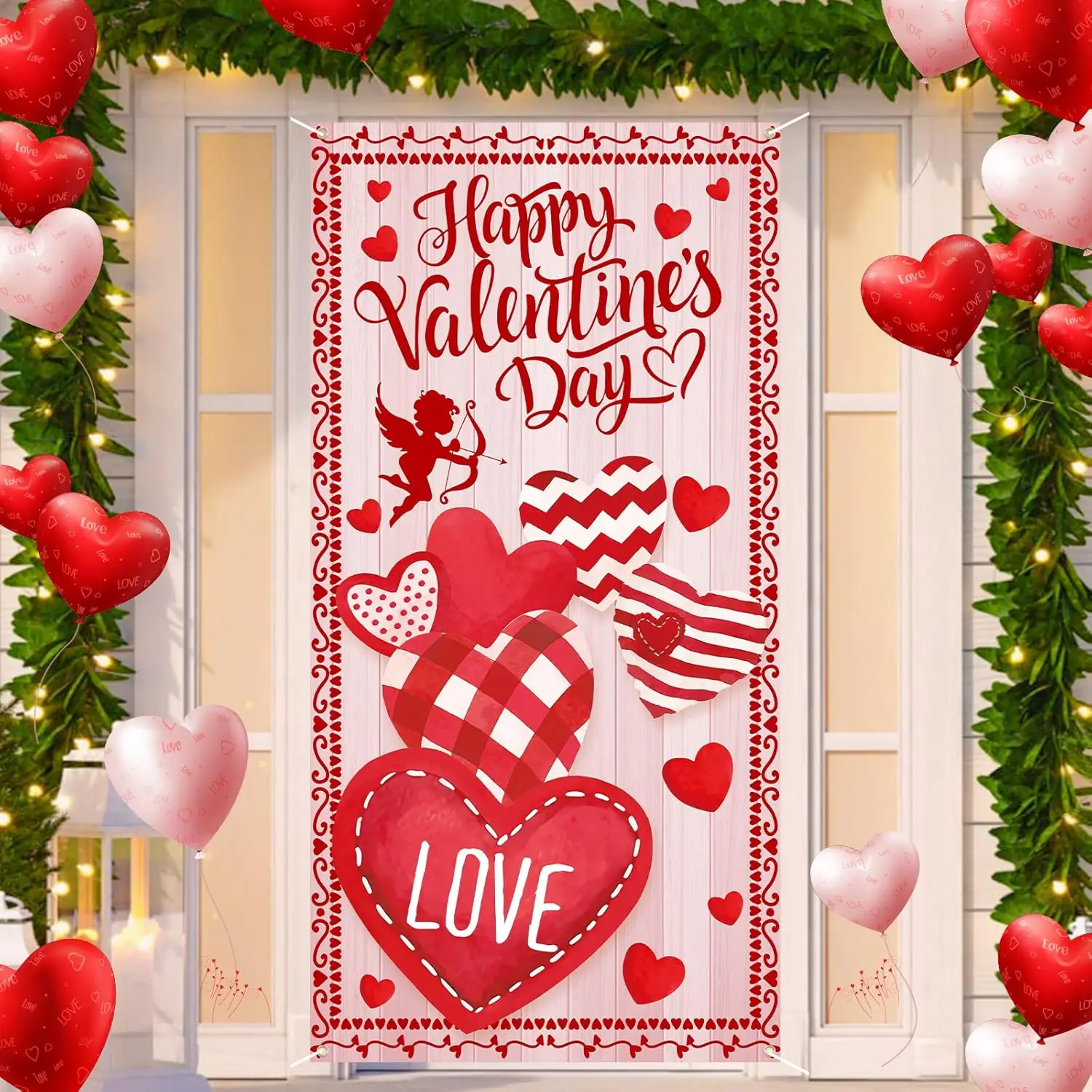 Valentines Day Door Banner Cover Heart Banner Hanging Valentine Door Decorations for Indoor Outdoor