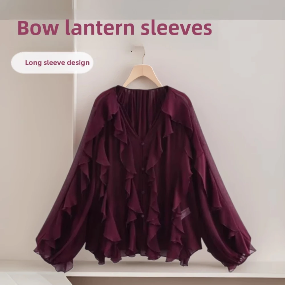 Casual Rüschen Hemd Frauen Lose Spitze Up Aushöhlen V-ausschnitt Tops Frühling Blusen Frauen Kleidung