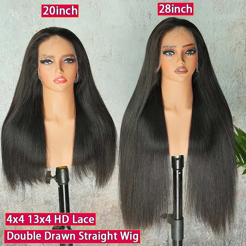 Double Drawn Bone Straight 13x4 HD Lace Frontal Wigs Invisible Melt Skins Pre Plucked 4X4 HD Lace Closure 100% Raw Human Hair
