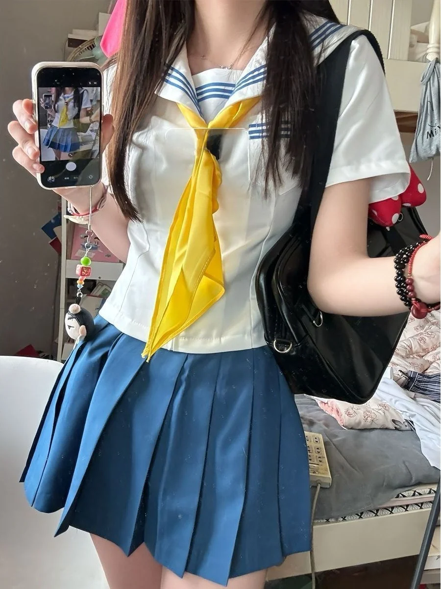 

Blue Three Books Original JK Uniform Midshipman White Summer Set Short Sleeve Shirt School Supply for Teens Fashionable Outfit