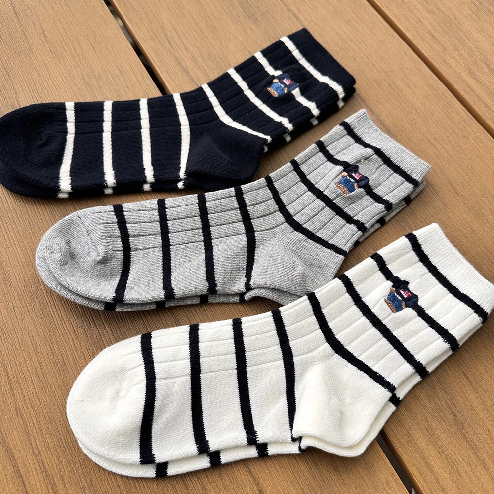 

Cartoon Pattern Cotton Socks Unisex Four Seasons Style Women's Men's Mixed Pack Three Pairs per Card Sporty Striped Design