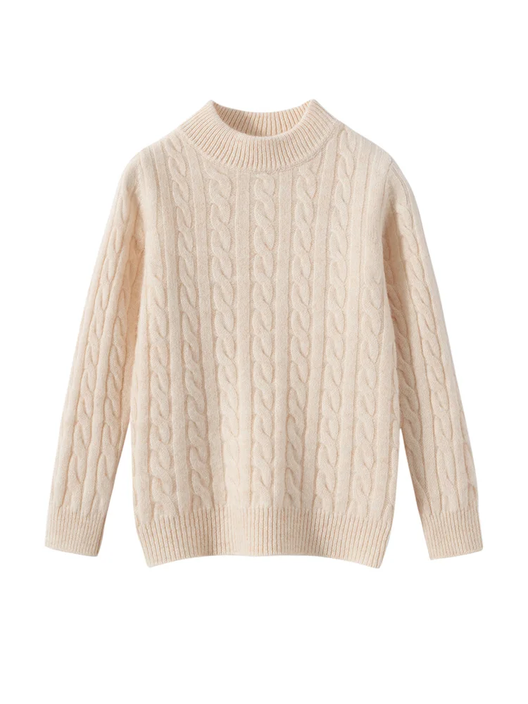 Children Mock Neck Pullover Wool Sweater Twist Flower Boy Girl Autumn Winter 100% Merino Wool Knitwear Kids Jacquard Clothes Top view 3