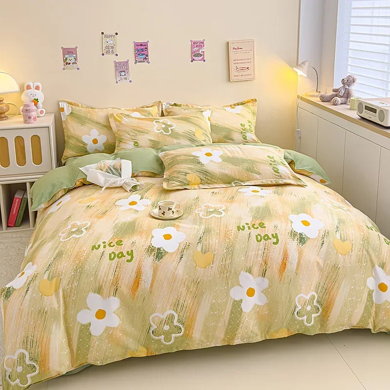 White Flower Duvet Cover Queen Size Cotton Yellow Love Heart Print Bedding Set Botanical Floral Comforter Cover with Pillowcases